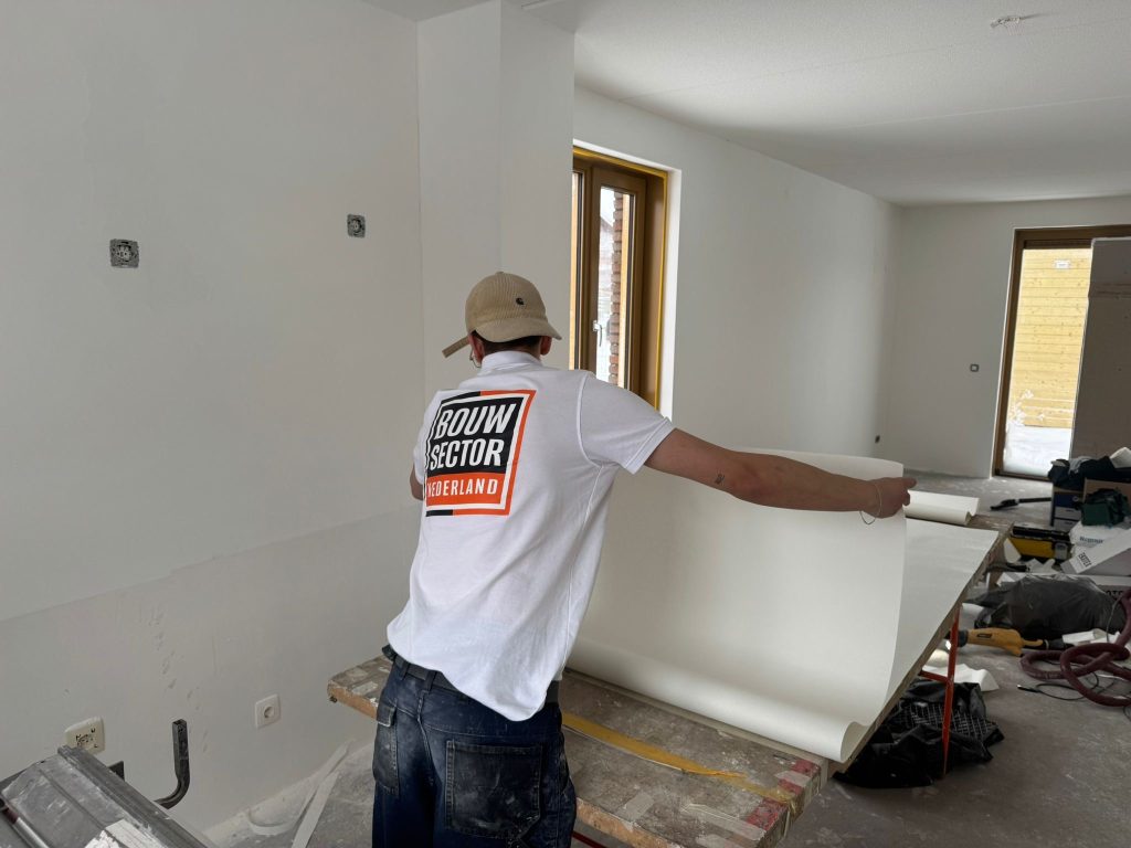 Behanger van Bouwsector Nederland met pet houdt een baan renovlies boven de plaktafel in een lege nieuwbouwkamer